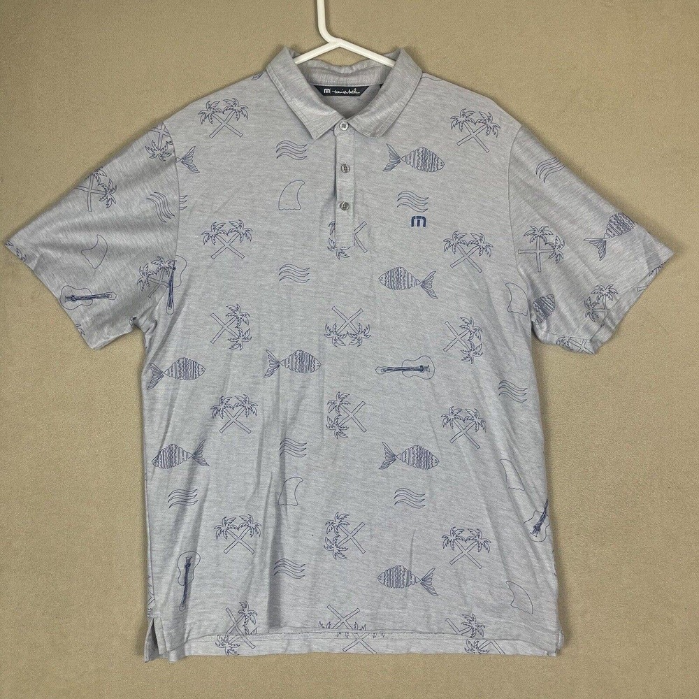 Travis Mathew Polo Shirt Adult Extra Large‎ Gray Fish Print Golf Beach Mens